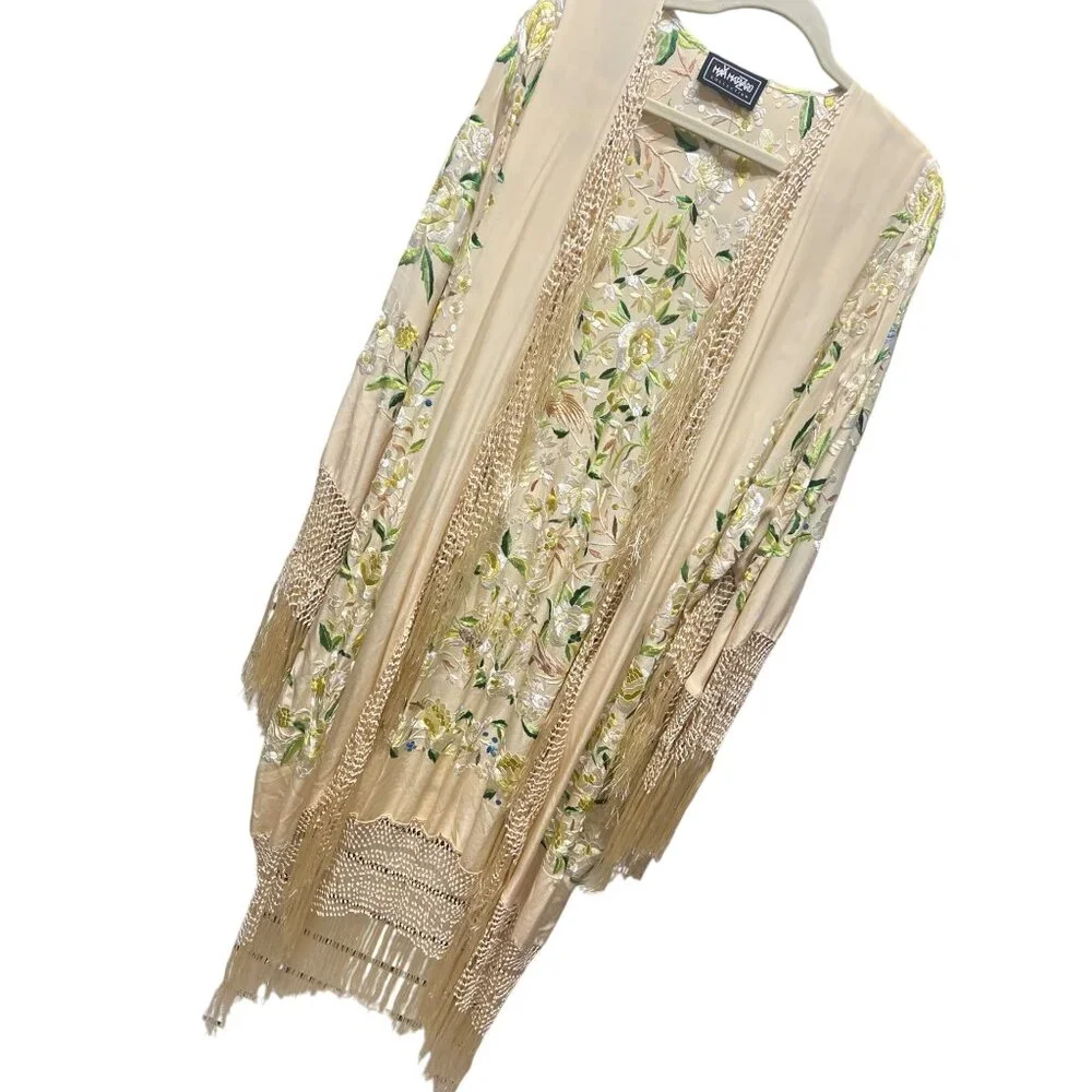 Maya Matazaro Boutique Pale Yellow Silk Floral Opera Coat Kimono